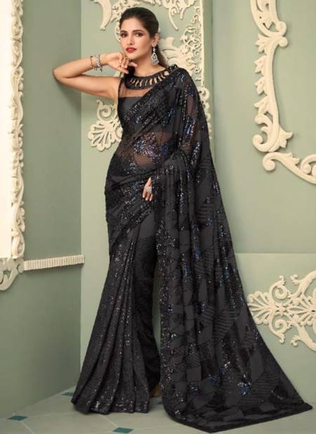 Dark Black Colour Sparkle TFH New Latest Designer Party Wear Smooth Georgette Saree Collection 7206